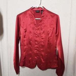 Laura Scott, embroidered blouse, top, red, sz 8